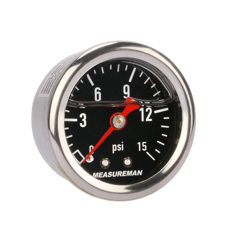 MEASUREMAN 1.5" Black Dial Liquid Filled Fuel Pressure Gauge, 0-15Psi, Stainless Steel Case - Image 1