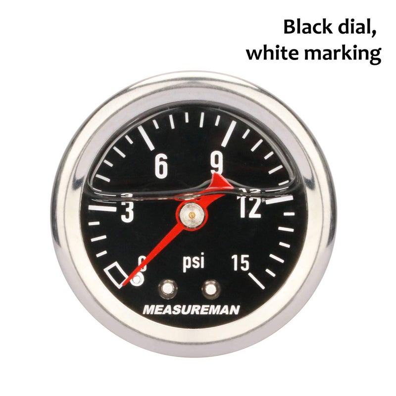 MEASUREMAN 1.5" Black Dial Liquid Filled Fuel Pressure Gauge, 0-15Psi, Stainless Steel Case - Image 2