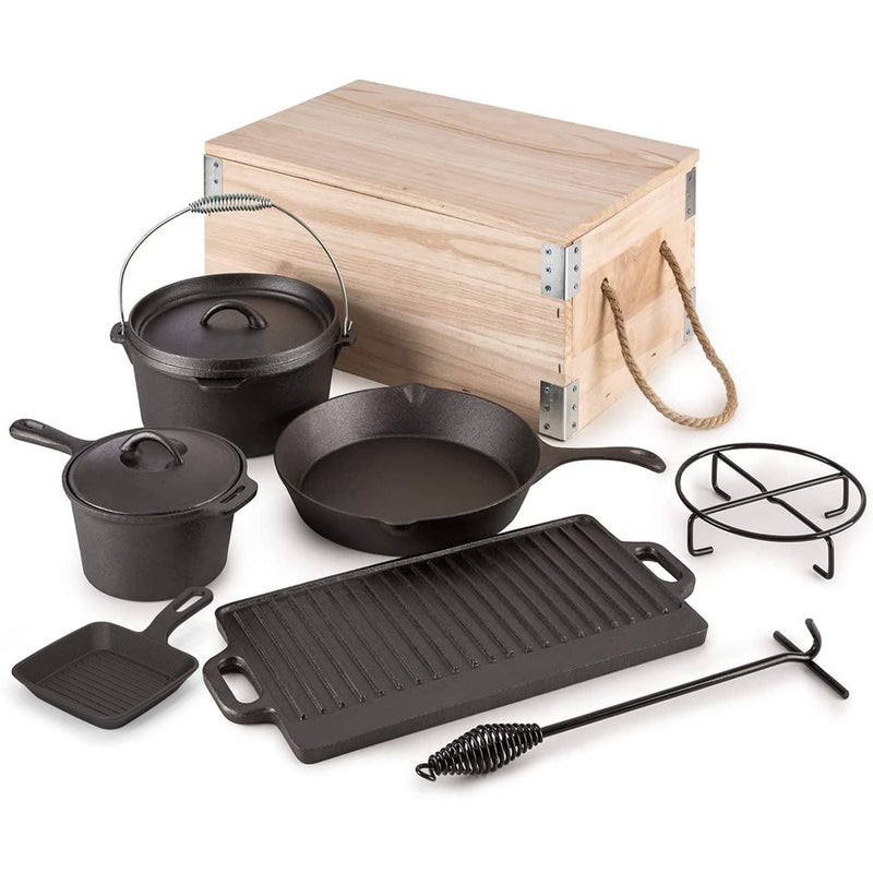 8 Piece PreSeasoned Dutch Oven Cooking Set Cast Iron Camping Kitchen Cookware Bakeware Skillets  Square Grill Pan wVintage Carrying Wood Box for Ourdoor Home BBQ Baking