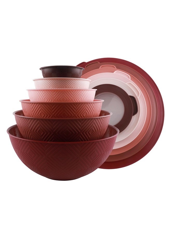 COOK WITH COLOR Mixing Bowls with Lids - 12 Piece Plastic Nesting Bowls Set includes 6 Prep Bowls and 6 Lids, Non Slip Bottom and Rhombus Design - Microwave Safe (Rose) - Image 1