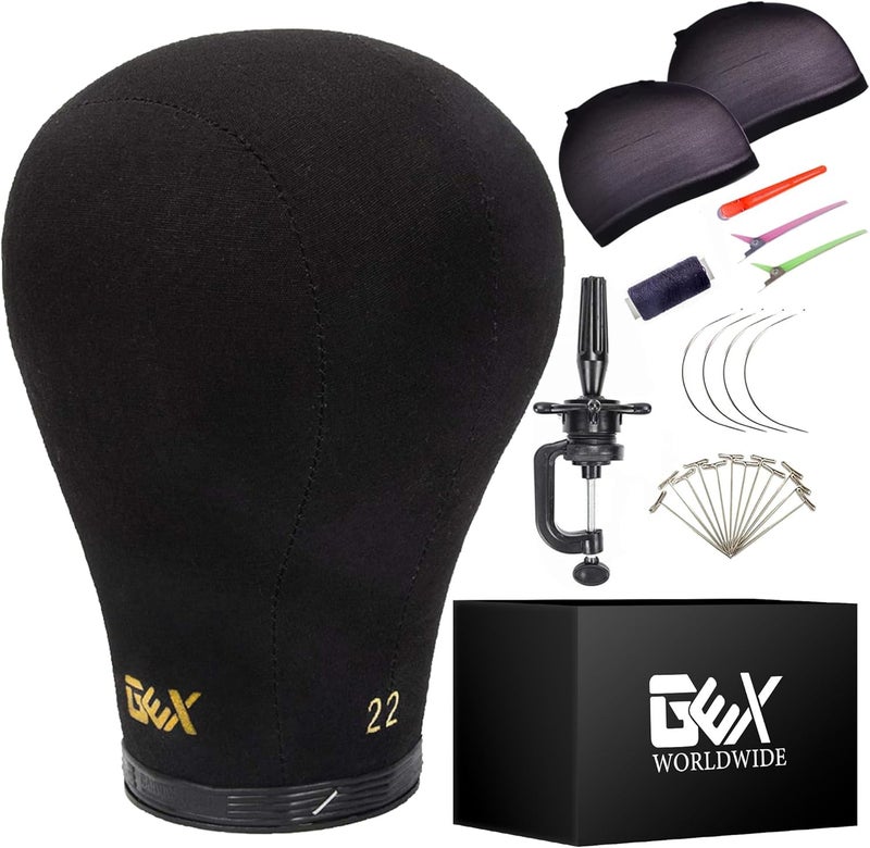 gexworldwide GEX 20"-24" Canvas Cork Wig Block Mannequin Head for Wig Making Drying Styling Display with Table C Clamp Stand Holder (Black 23") - Image 1