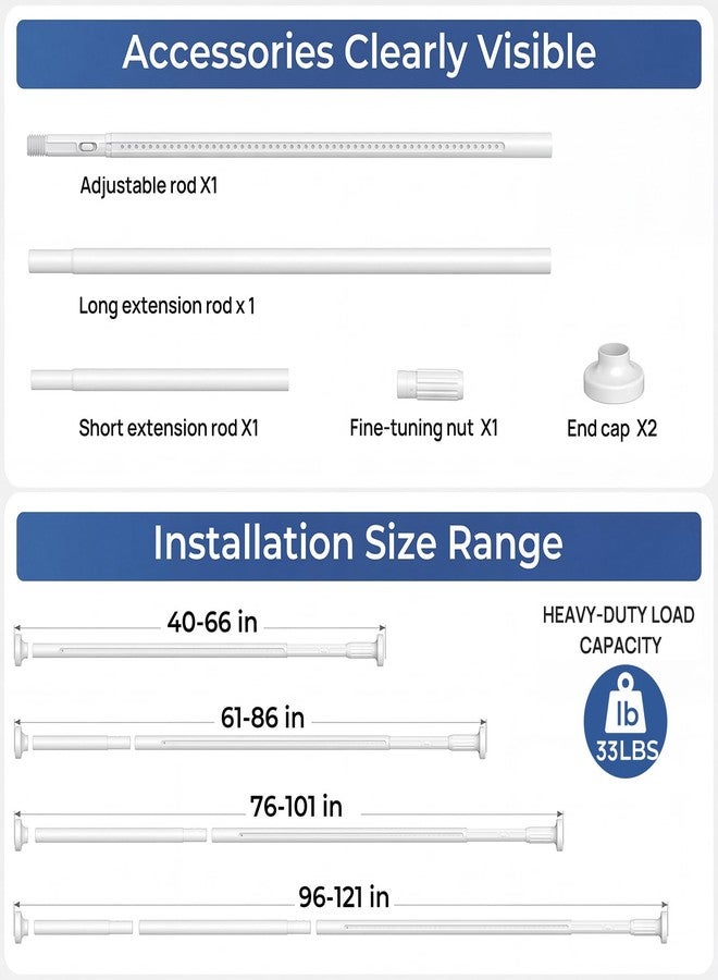 ALLZONE Adjustable Tension Curtain Rod, 40-121 inches, Heavy Duty Curtain Rods No Drilling, Anti-Slip Tension Rod for Window, Shower, Outdoor & Patio, Easy to Install, 1.26In Diameter, White - Image 4