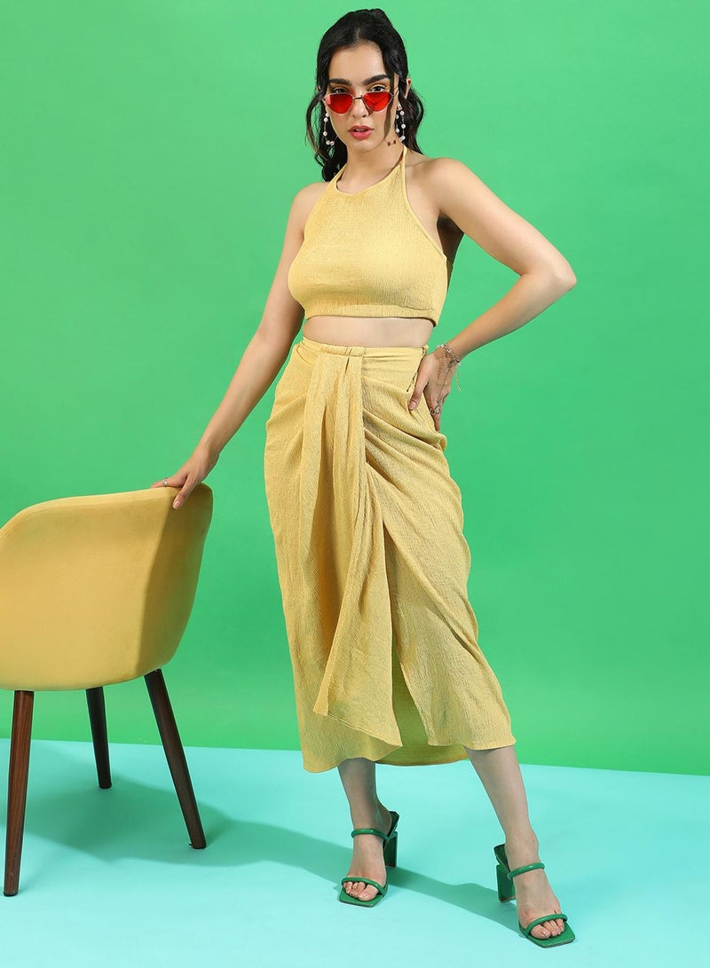PINACOLADA Women's Yellow Ochre Draped Co-Ord Set For Casual Wear | Halter Neck | Sleeveless | Pull On Closure | Co-Ords Designed With Comfort Fit For Woman & Girls - Image 3