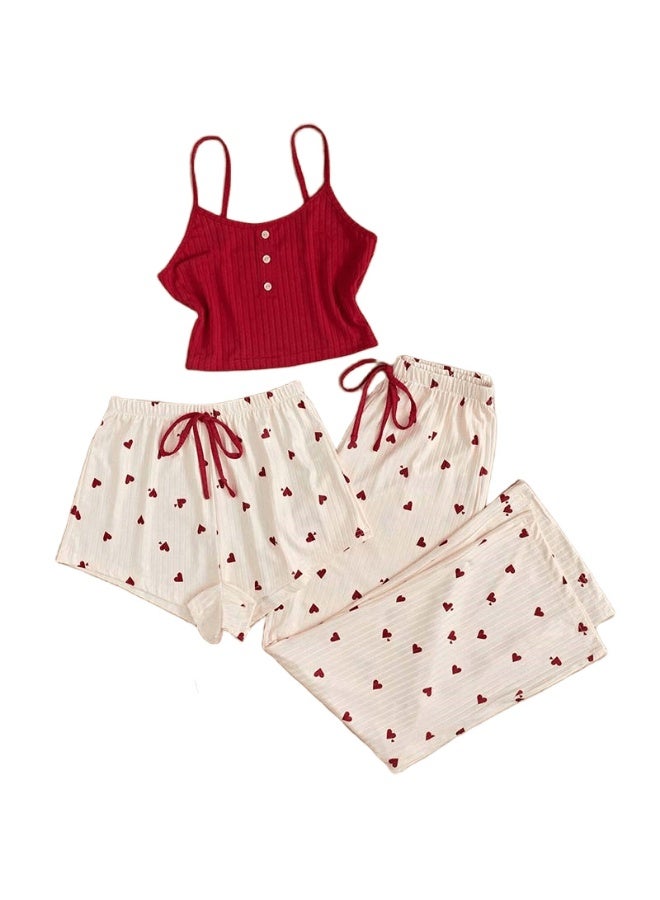 MHD European Style Ribbed Heart Print Casual Sling Vest Shorts and Long Pants Set for Women - Image 1