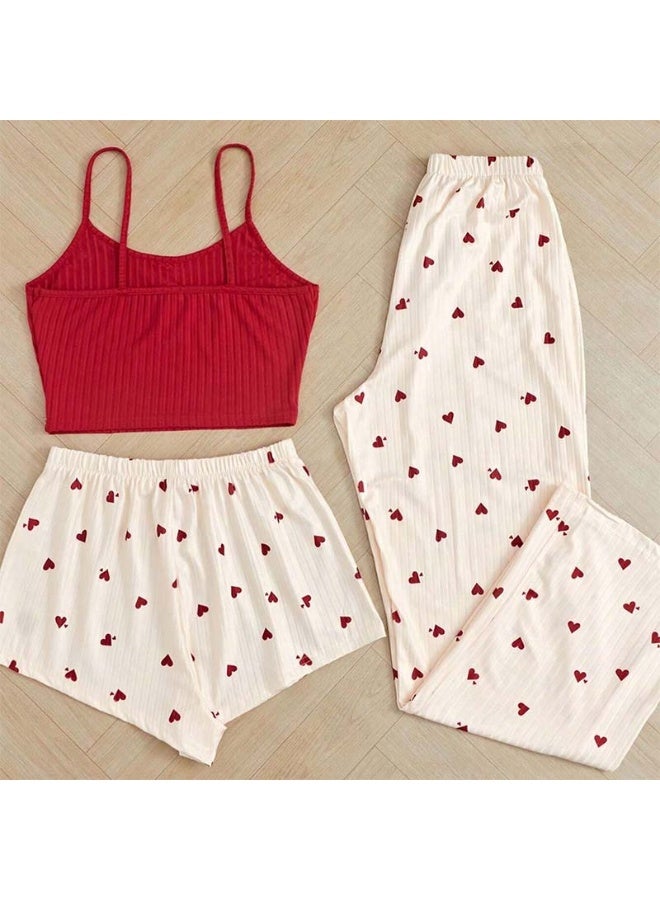 MHD European Style Ribbed Heart Print Casual Sling Vest Shorts and Long Pants Set for Women - Image 2
