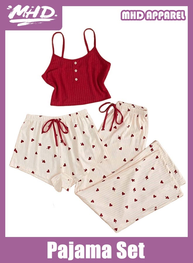 أم أتش دي طقم نسائي مكون من شورت وبنطلون طويل كاجوال بطبعة قلب مضلعة على الطراز الأوروبي - Image 1