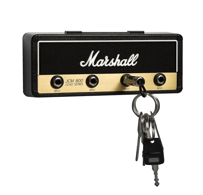 Pluginz Licensed Marshall Jack Rack- Wall mounting guitar amp key hanger. Includes 4 guitar plug keychains and 1 wall mounting kit. Easy installation. - Image 1