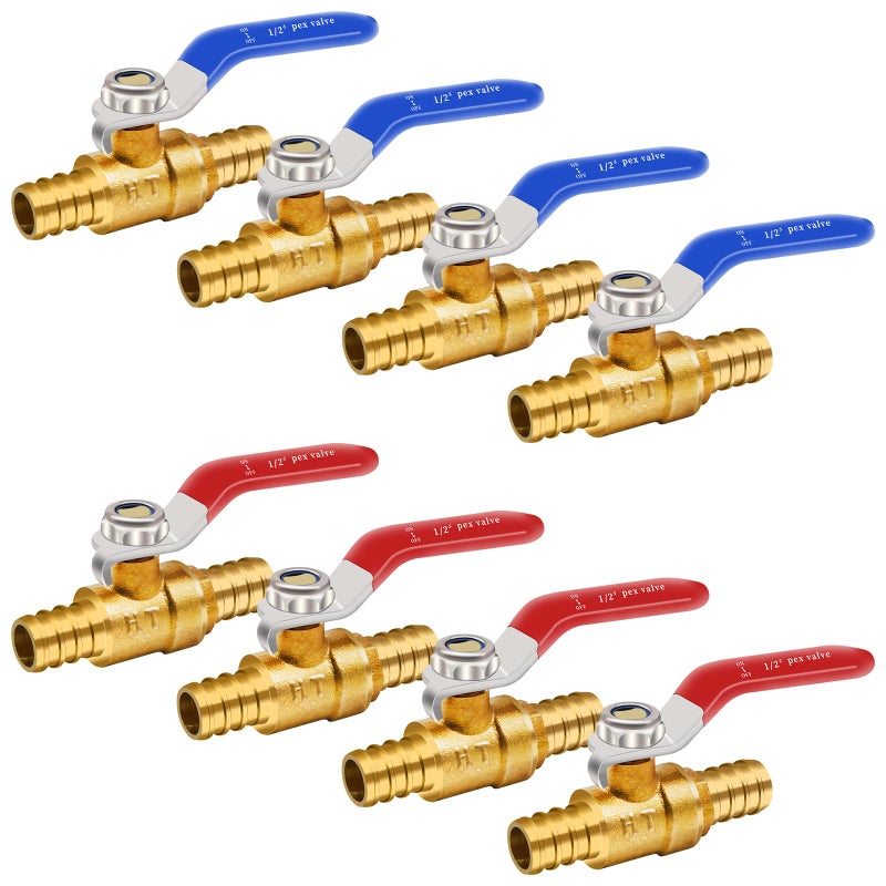 Horiznext pex valves 12 inch brass full port shut off valve kit with barb crimp rings for water pipes garden hose air line 4 red 4 blue - Image 2