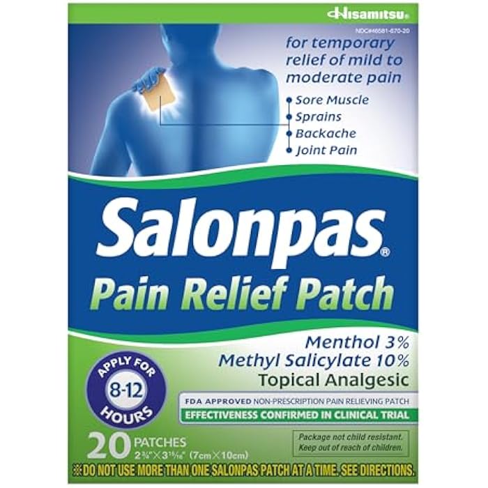 Salonpas Pain Relief Patch, 20 Count (Pack of 1), Up to 12 Hours Temporary Relief of Mild to Moderate Pain, Backache, Sore Muscle, Sprains, Bruises - Image 1