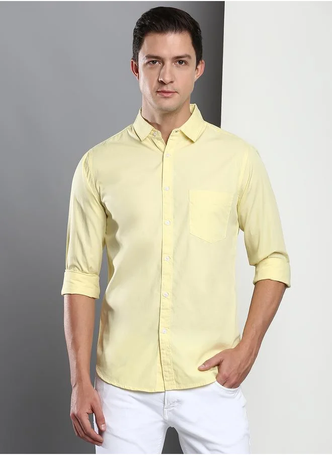 دينيس لينغو Men's Slim Fit Yellow Solid Casual Spread Collar Shirt - Full Sleeves, 100% Cotton
