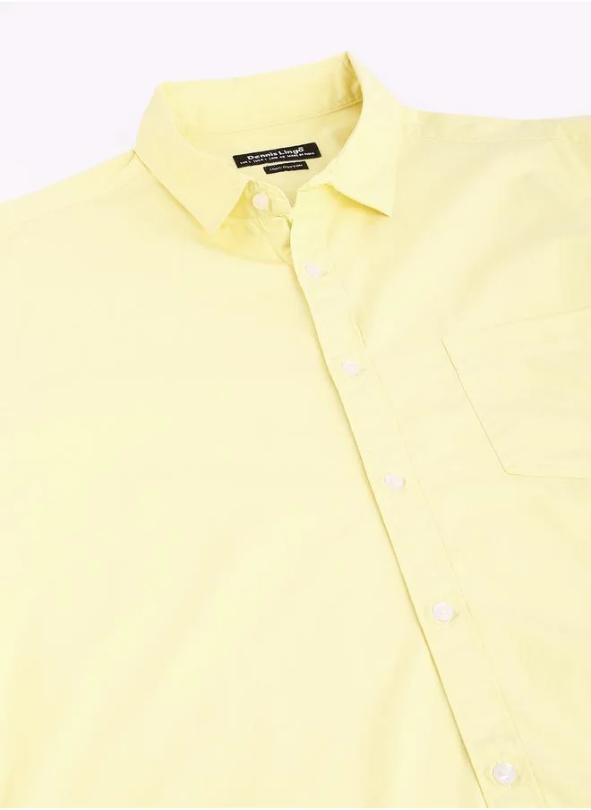 دينيس لينغو Men's Slim Fit Yellow Solid Casual Spread Collar Shirt - Full Sleeves, 100% Cotton