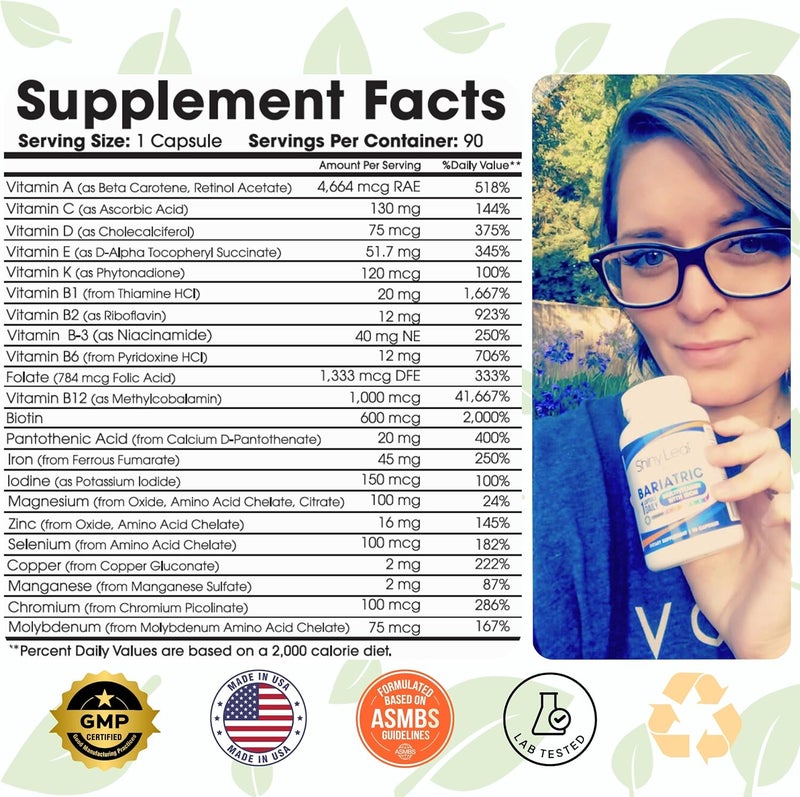 Shiny Leaf فيتامينات متعددة شيني ليف للمرضى الذين خضعوا لجراحة السمنة مع الحديد 45 ملغ لجراحة تحويل المعدة، قص المعدة، روكسن واي، تحويل الاثني عشر، 22 فيتامينات ومعادن، متوافقة مع ASMBS، نباتية، مصنوعة في الولايات المتحدة، معتمدة من GMP، 90 حبة - Image 2