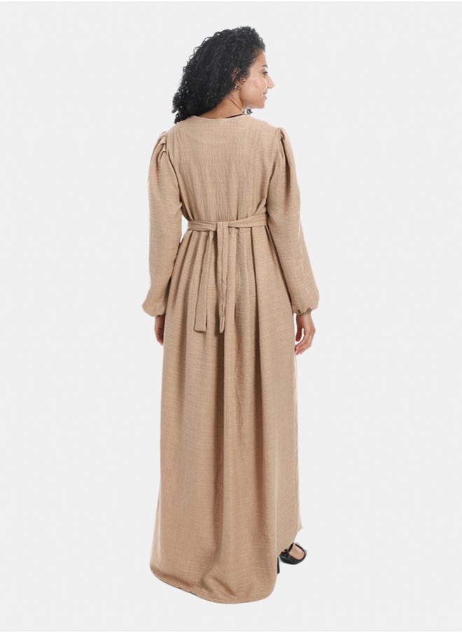 Generic Women's Linen Dress with Guipure Ribbon - Beige  - Image 3