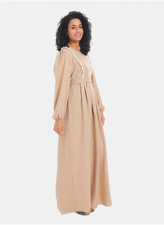 Generic Women's Linen Dress with Guipure Ribbon - Beige  - Image 2