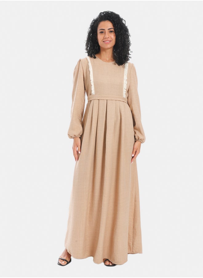 Generic Women's Linen Dress with Guipure Ribbon - Beige  - Image 1