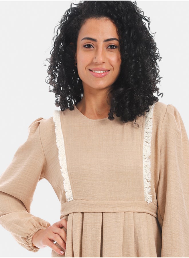 Generic Women's Linen Dress with Guipure Ribbon - Beige  - Image 4