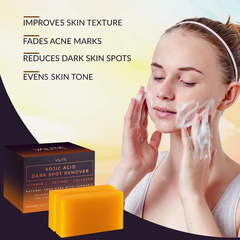 VALITIC Kojic Acid Dark Spot Remover Soap Bar with Vitamin C,Retinol,Collagen,Turmeric - Original Japanese Complex Hyaluronic Acid,E,Shea Butter,Castile Oil (2 Pack) With Holder,Pack of 3,3.5 ounces - Image 5
