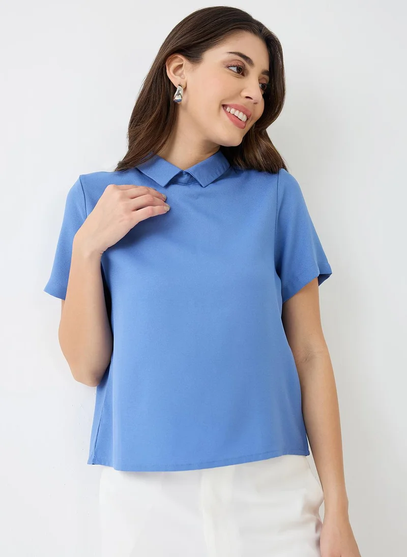 globus Globus Women Blue Short Sleeves Collared Neck Back Button Shirt Style Workwear Top