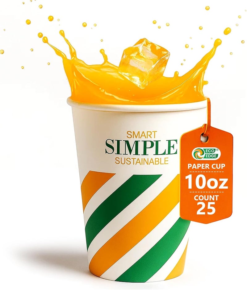 EcoEdge 10 Oz Disposable Heavy-Duty Party Paper Cups (Pack of 25) | For Tea, Coffee or Iced Beverages | Leakproof, Strong, Stackable, Sturdy | Plastic, Chemical and BPA Free Cups | 100% Compostable - Image 2
