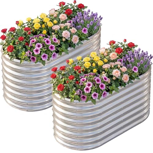 AHEONLAR 2 Pack 4×2×2ft Galvanized Raised Garden Bed Outdoor,Oval Sturdy and Durable Planter Boxes for Vegetables, Fruits, Flowers and Plants, Easy Assembly, Silver - Image 1