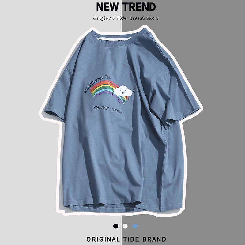 Short-Sleeved T-Shirt Men'S Summer Trendy Loose Men'S Half-Sleeved Clothes Ins Hong Kong Style Trendy Brand Student Couple Wear White T-Shirt - Image 1