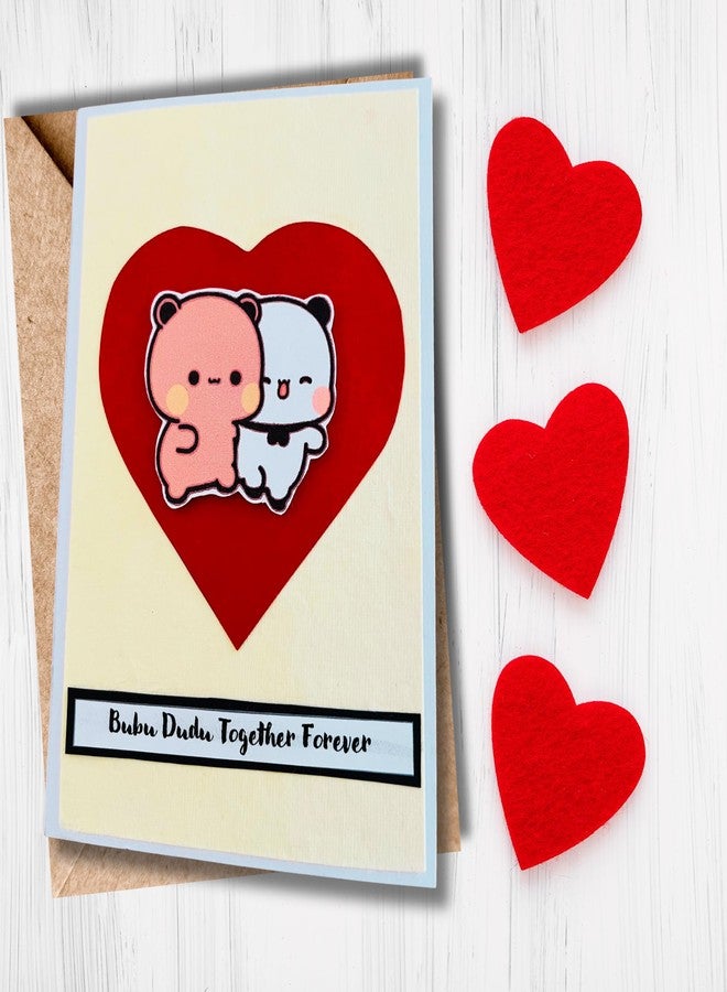 Crafted Forever Bubu Dudu theme greeting card for Valentines Day/Anniversary/Birthday/Proposal, 4x6 inch size, With Envelopes, Blank inside for messages - Image 1