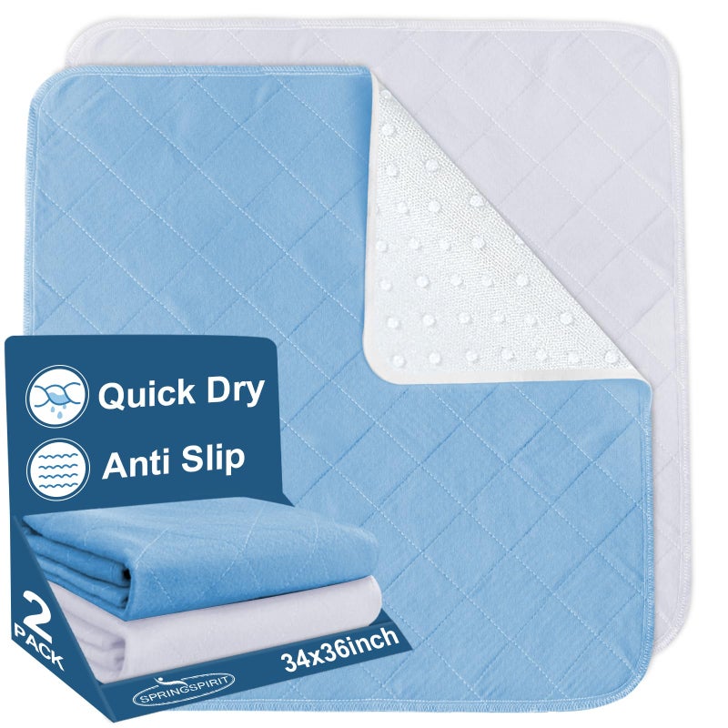 SPRINGSPIRIT Bed Pads Washable Waterproof 34 x 36 2 Pack Reusable Chuck Pads Incontinence Underpads Sheet Protector Pee Pads for Adults Elderly Kids Toddler and Pets White and Blue