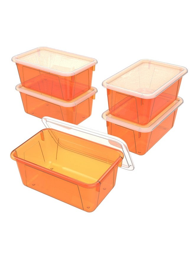 Storex Small Cubby Bins Plastic Storage Containers For Classroom With Nonsnap Lid 12.2 X 7.8 X 5.1 Inches Tint Orange 5Pack (62485U05C) - Image 1