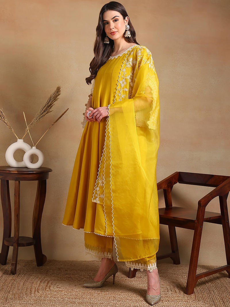 Vaamsi Women's Silk Blend Solid Embroidered Anarkali Kurta Pant with Dupatta With Cotton Inner (PKSKD2118_Yellow_XS) - Image 4