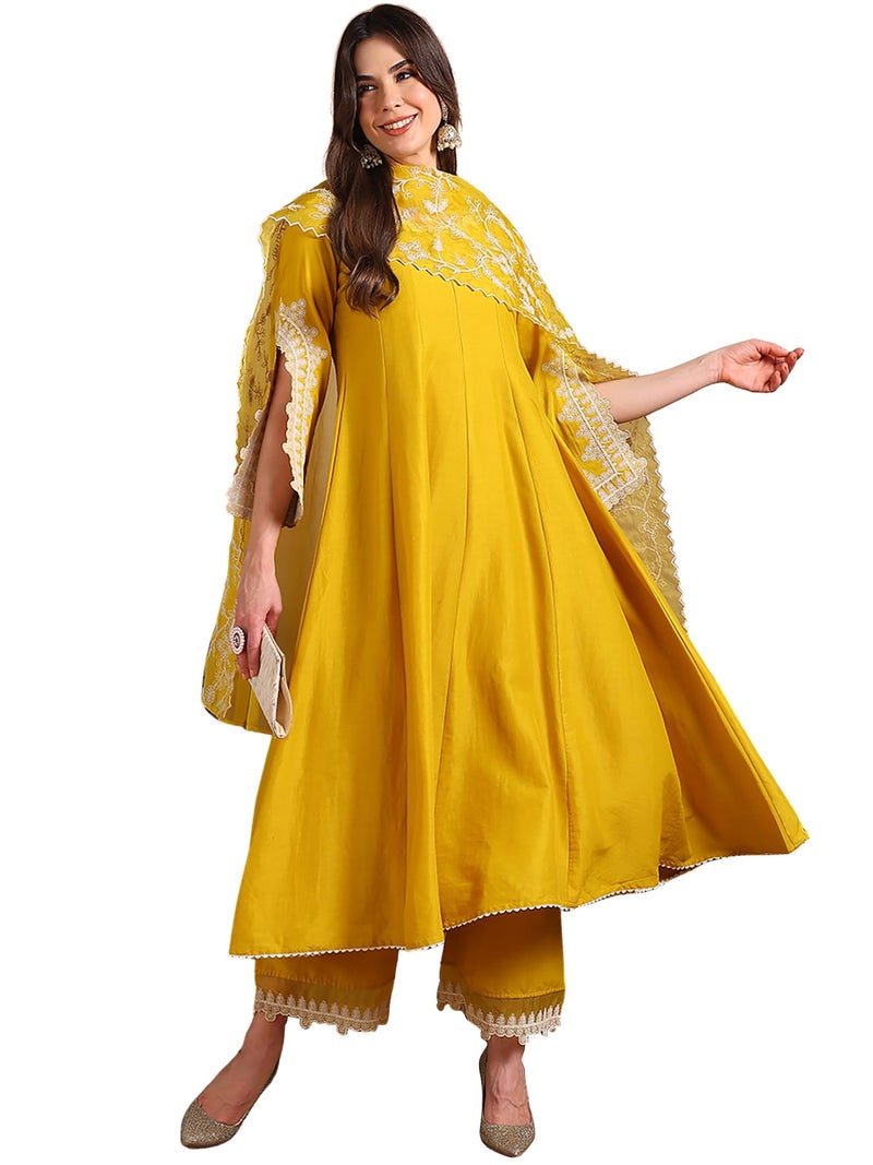 Vaamsi Women's Silk Blend Solid Embroidered Anarkali Kurta Pant with Dupatta With Cotton Inner (PKSKD2118_Yellow_XS) - Image 1
