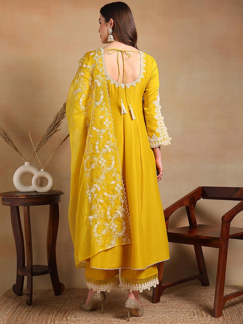 Vaamsi Women's Silk Blend Solid Embroidered Anarkali Kurta Pant with Dupatta With Cotton Inner (PKSKD2118_Yellow_XS) - Image 2