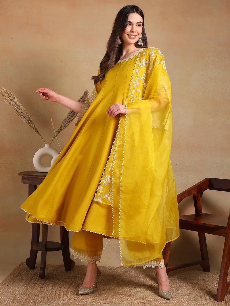 Vaamsi Women's Silk Blend Solid Embroidered Anarkali Kurta Pant with Dupatta With Cotton Inner (PKSKD2118_Yellow_XS) - Image 5