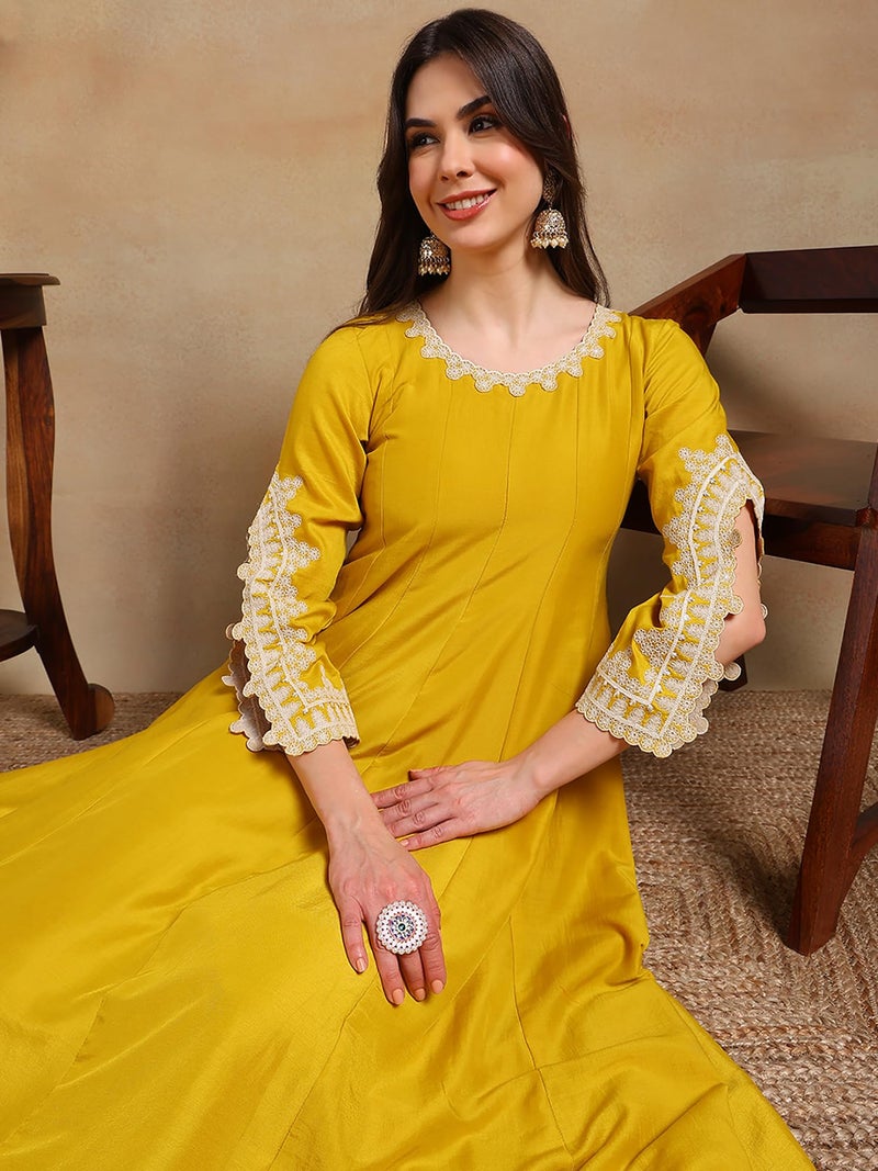 Vaamsi Women's Silk Blend Solid Embroidered Anarkali Kurta Pant with Dupatta With Cotton Inner (PKSKD2118_Yellow_XS) - Image 3