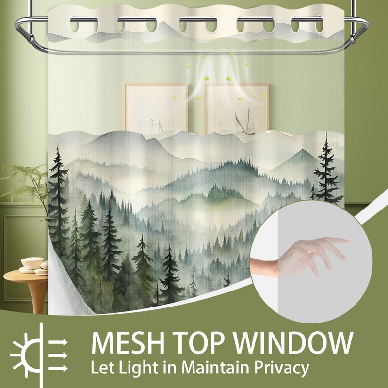 QGHOT Forest Hookless Shower Curtain with Snap in Liner  Nature Mountain No Hook Double Layer Shower Curtain and Liner Set  Ringless with Window Waterproof Cloth Fabric  71"" W x 74"" L  Green - Image 2
