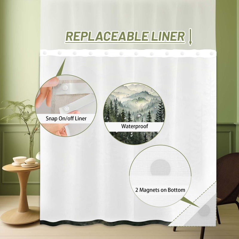 QGHOT Forest Hookless Shower Curtain with Snap in Liner  Nature Mountain No Hook Double Layer Shower Curtain and Liner Set  Ringless with Window Waterproof Cloth Fabric  71"" W x 74"" L  Green - Image 3