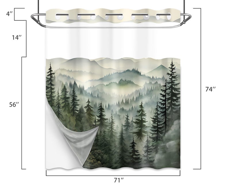QGHOT Forest Hookless Shower Curtain with Snap in Liner  Nature Mountain No Hook Double Layer Shower Curtain and Liner Set  Ringless with Window Waterproof Cloth Fabric  71"" W x 74"" L  Green - Image 5