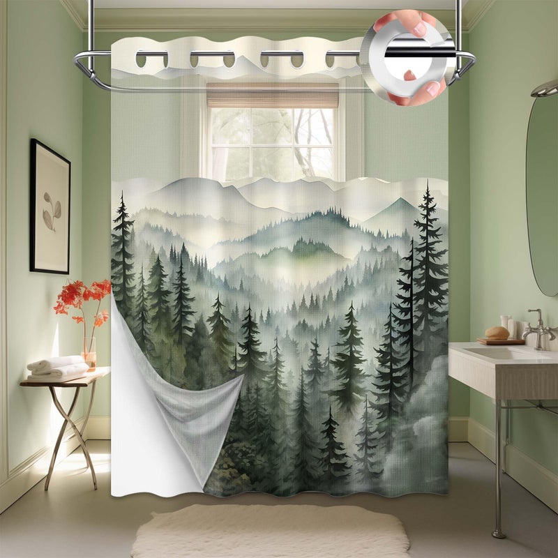 QGHOT Forest Hookless Shower Curtain with Snap in Liner  Nature Mountain No Hook Double Layer Shower Curtain and Liner Set  Ringless with Window Waterproof Cloth Fabric  71"" W x 74"" L  Green - Image 1