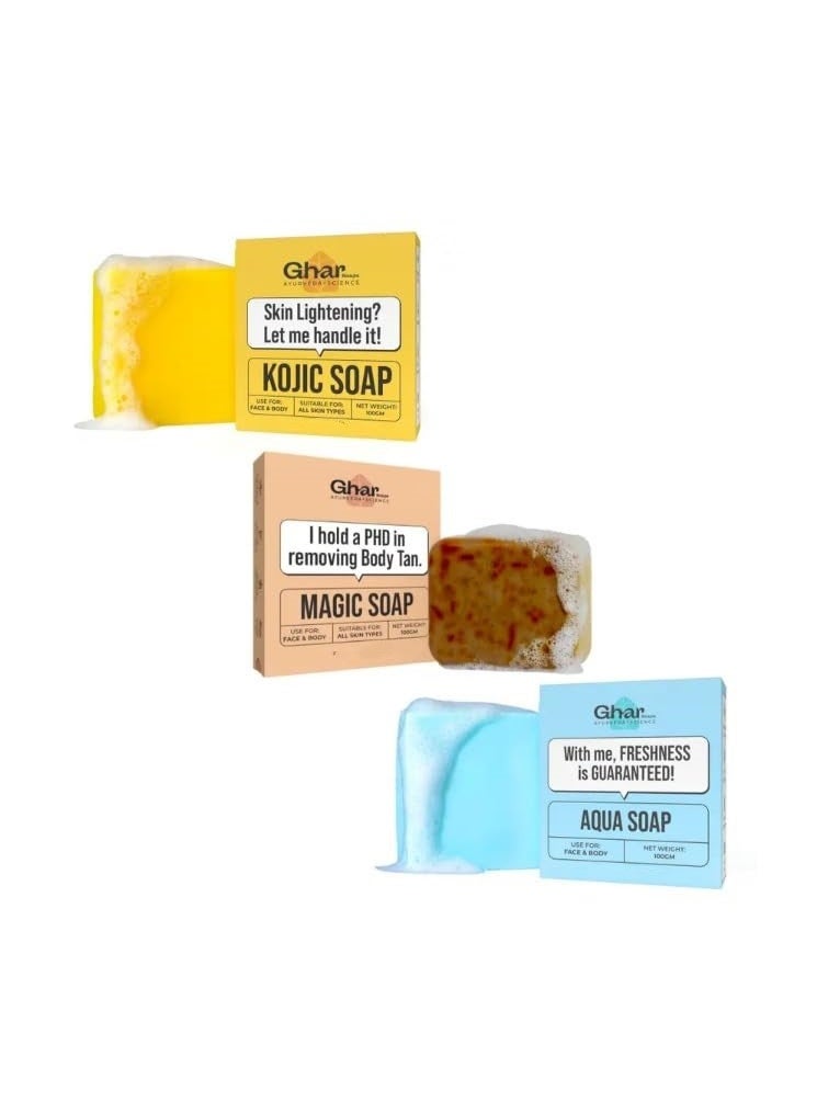 صابون الغار مجموعة صابون غار الطبيعية بالكامل | صابون ماجيك، صابون كوجيك، صابون أكوا 300 غرام (100 غرام لكل نوع) عبوة من 3 قطع | تفتيح، ترطيب وتنظيف عميق | لإزالة التصبغات، بشرة متألقة ونضرة | للرجال والنساء | - Image 1