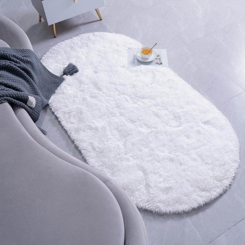 Goideal Fluffy Bedroom Rug  White Small Rug for Bedroom  Oval Shaggy Bedside Carpet 2.6 x 5.2 Feet Cute Rug for Dorm Kids Room Nursery Home Decor - Image 3