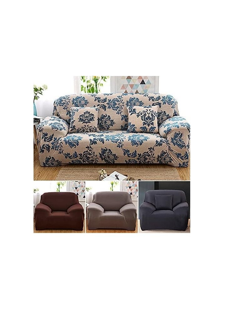 BLOOMING TIME 3-Seater Exquisitely Floarl Designed Wrinkle-free Anti-slip 360-degree Full Coverage Sofa Slipcover Beige/Blue  - Image 1