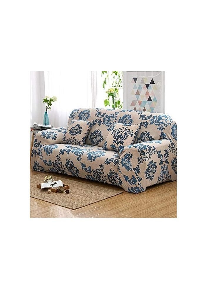 BLOOMING TIME 3-Seater Exquisitely Floarl Designed Wrinkle-free Anti-slip 360-degree Full Coverage Sofa Slipcover Beige/Blue  - Image 2