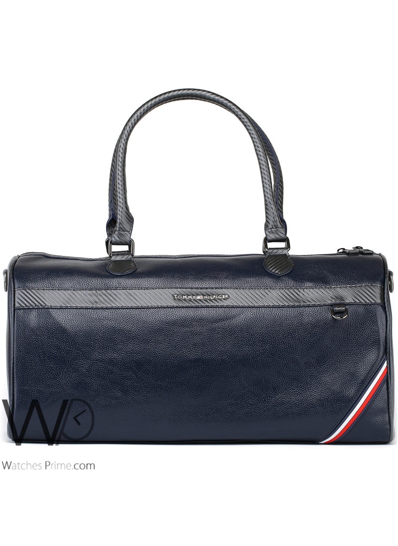 Tommy Hilfiger Plus Tommy Hilfiger Navy Blue Leather Weekend Duffle Men Gym Bag  - Image 2