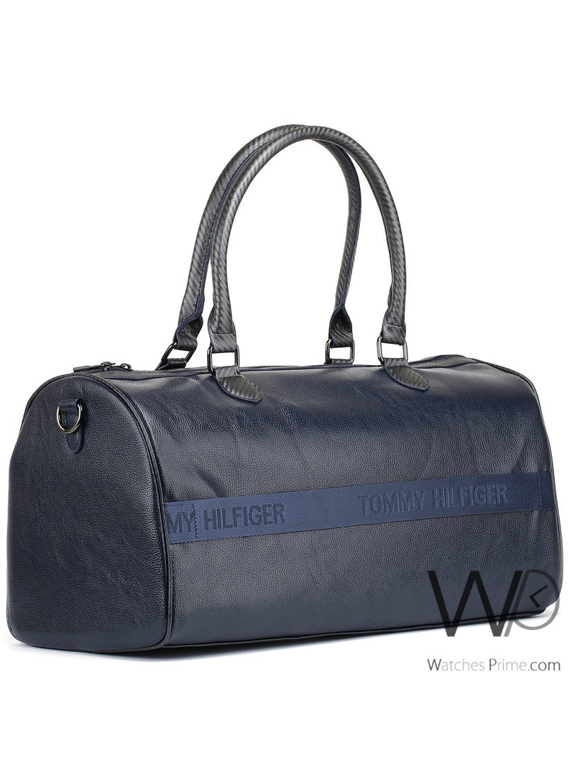 Tommy Hilfiger Plus Tommy Hilfiger Navy Blue Leather Weekend Duffle Men Gym Bag  - Image 5