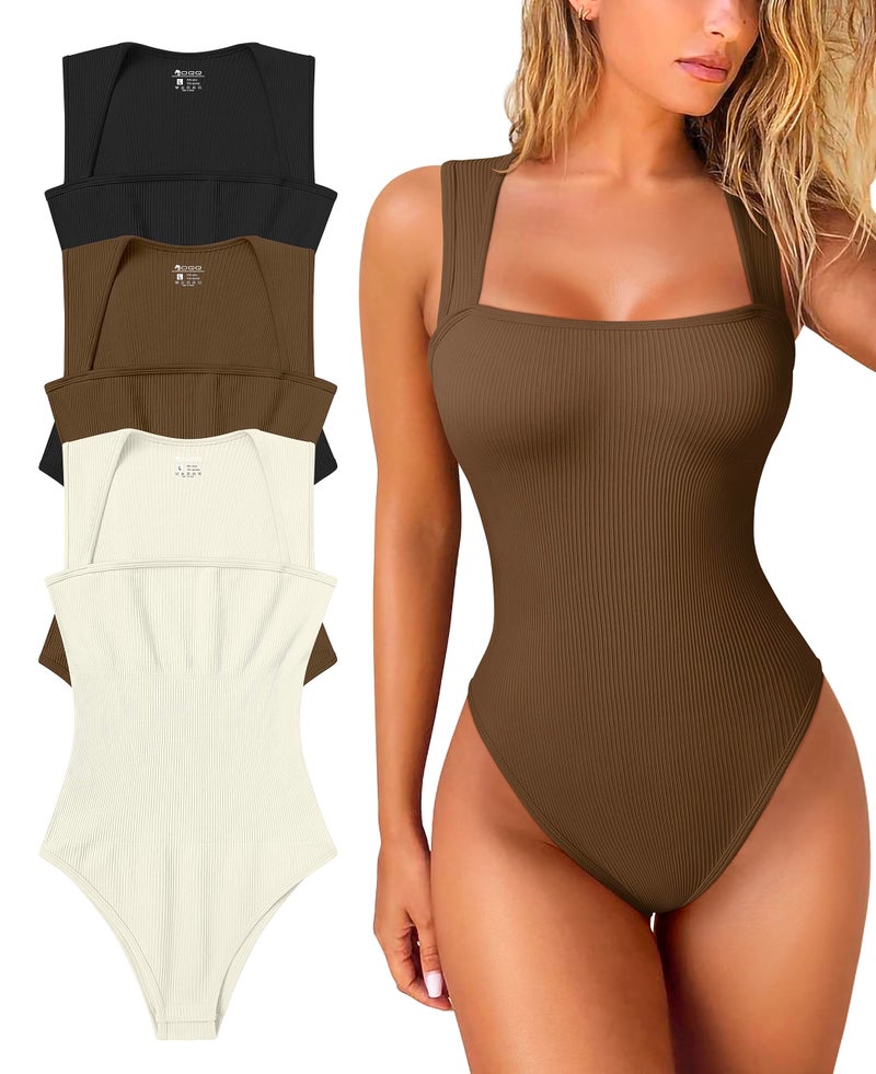 OQQ Women's 3 Piece Bodysuits Sexy Ribbed Strappy Square Neck Sleeveless Tummy Control Tank Tops Bodysuits Black Coffee Beige - Image 1