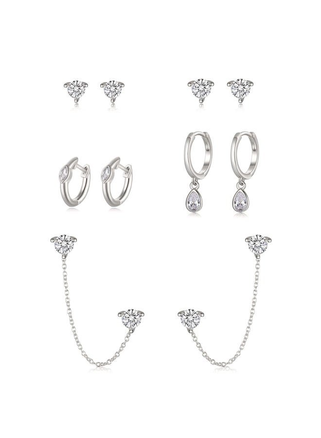 FANZE 5PCS Cubic Zirconia Stud Earrings Gold Sliver Chain Hoop Earring Sets for Women Hypoallergenic Dainty Jewelry for Multiple Piercing, Cubic Zirconia, Cubic Zirconia - Image 1