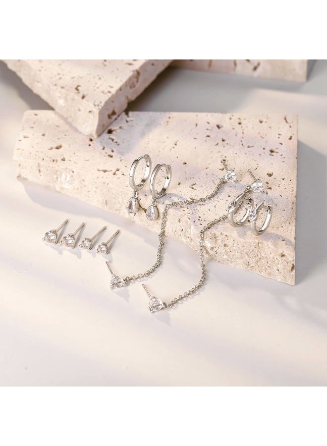 FANZE 5PCS Cubic Zirconia Stud Earrings Gold Sliver Chain Hoop Earring Sets for Women Hypoallergenic Dainty Jewelry for Multiple Piercing, Cubic Zirconia, Cubic Zirconia - Image 4