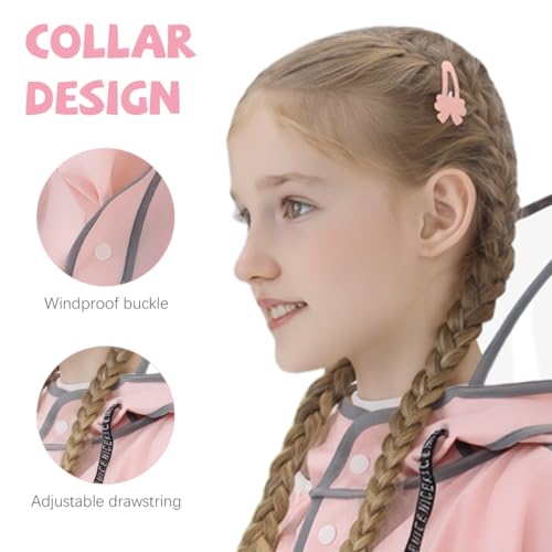 PATPAT® Bicycle Rain Poncho Rain Coat for Kids Girls,Outdoor Hooded EVA Poncho with Clear Wide Brim,High Collar Coat for School Camping Hiking Riding 3XL Pink - Image 5