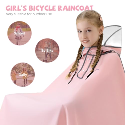 PATPAT® Bicycle Rain Poncho Rain Coat for Kids Girls,Outdoor Hooded EVA Poncho with Clear Wide Brim,High Collar Coat for School Camping Hiking Riding 3XL Pink - Image 3
