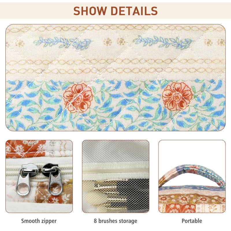 Gosect Floral Quilted Makeup Bag, Large Capacity Travel Cosmetic Organizer Bag with Handle, Portable Toiletry Bag for Women 6.3'' x 6.3'' x 9.84''(Multicolor) - Image 3