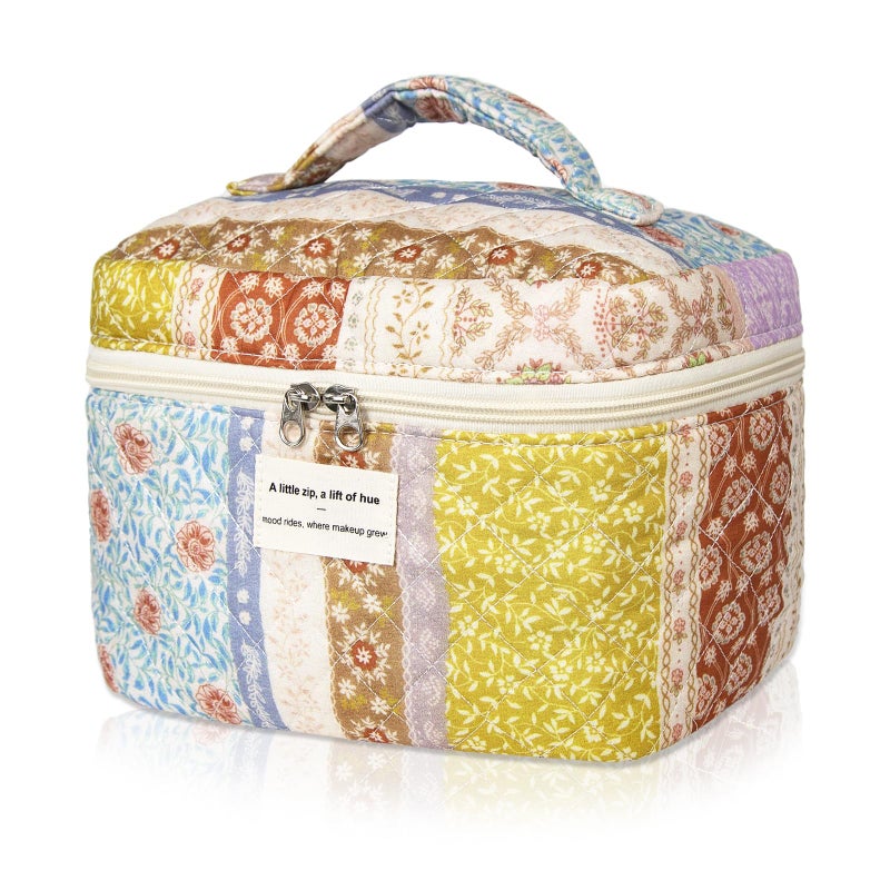 Gosect Floral Quilted Makeup Bag, Large Capacity Travel Cosmetic Organizer Bag with Handle, Portable Toiletry Bag for Women 6.3'' x 6.3'' x 9.84''(Multicolor) - Image 1